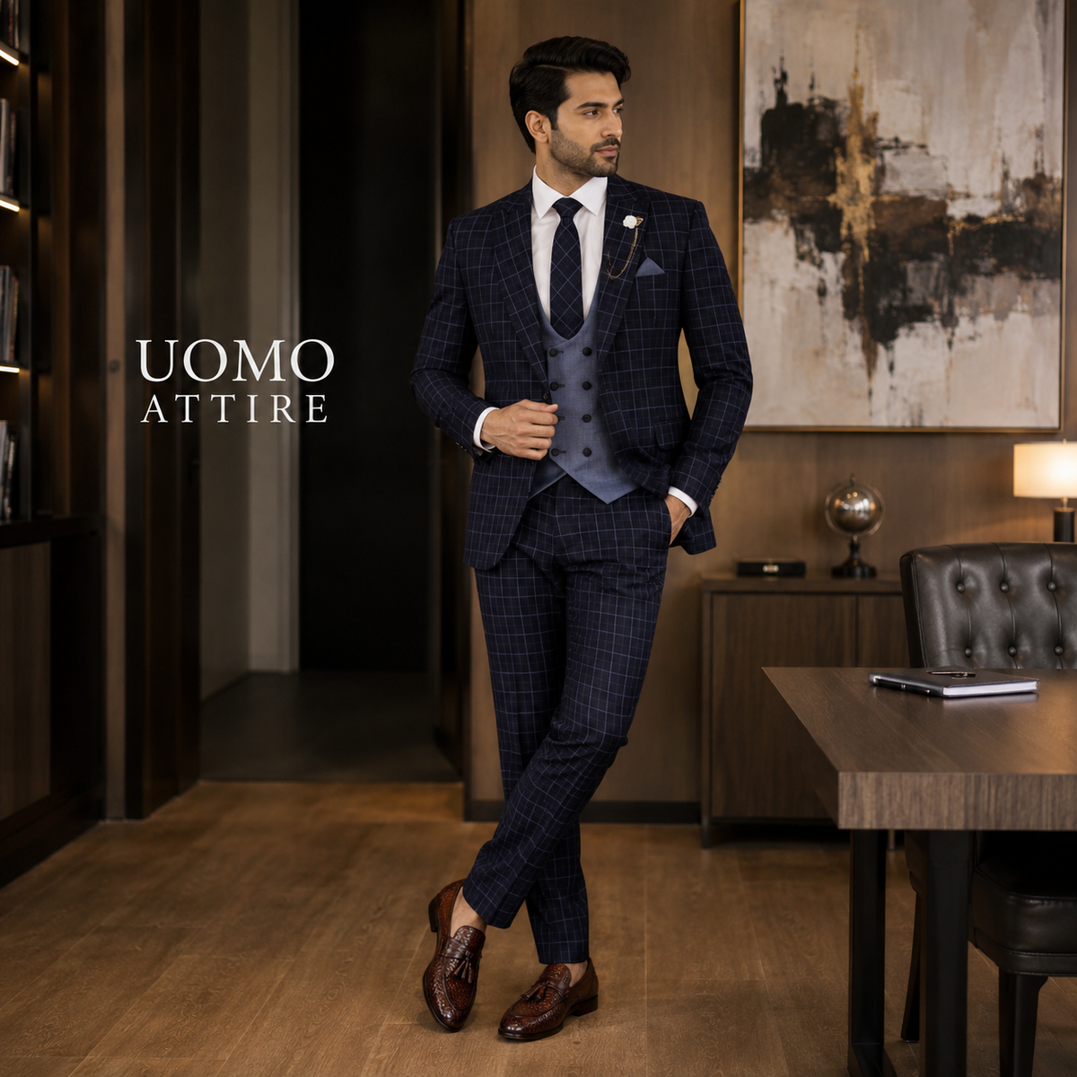 Completo 3 pezzi nero con finestrato celeste