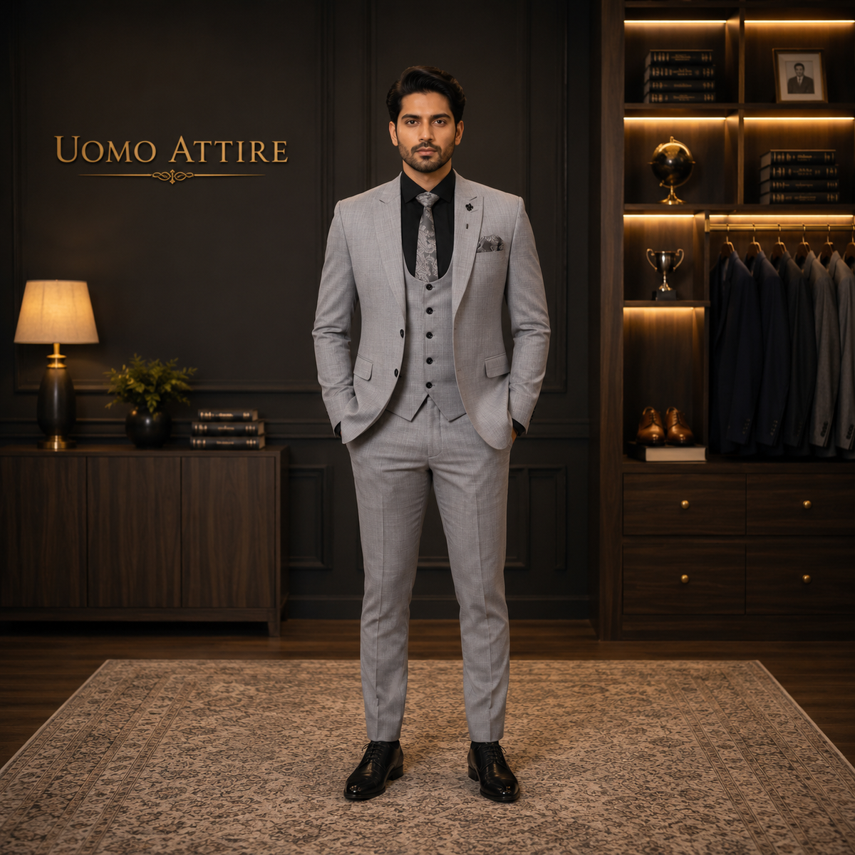 Luxurious silver grey three piece suit for wedding