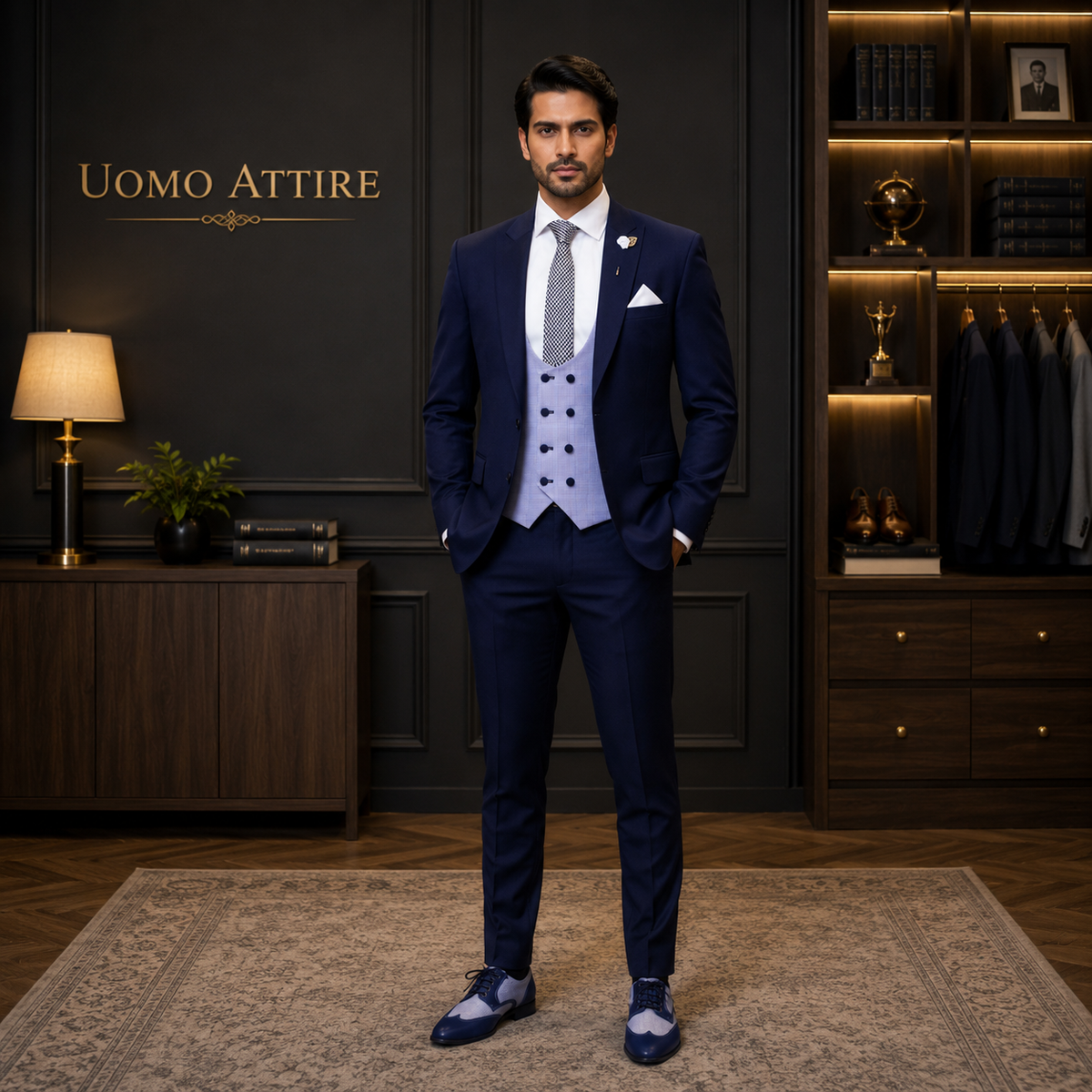 Contrast ink blue wedding three piece suit