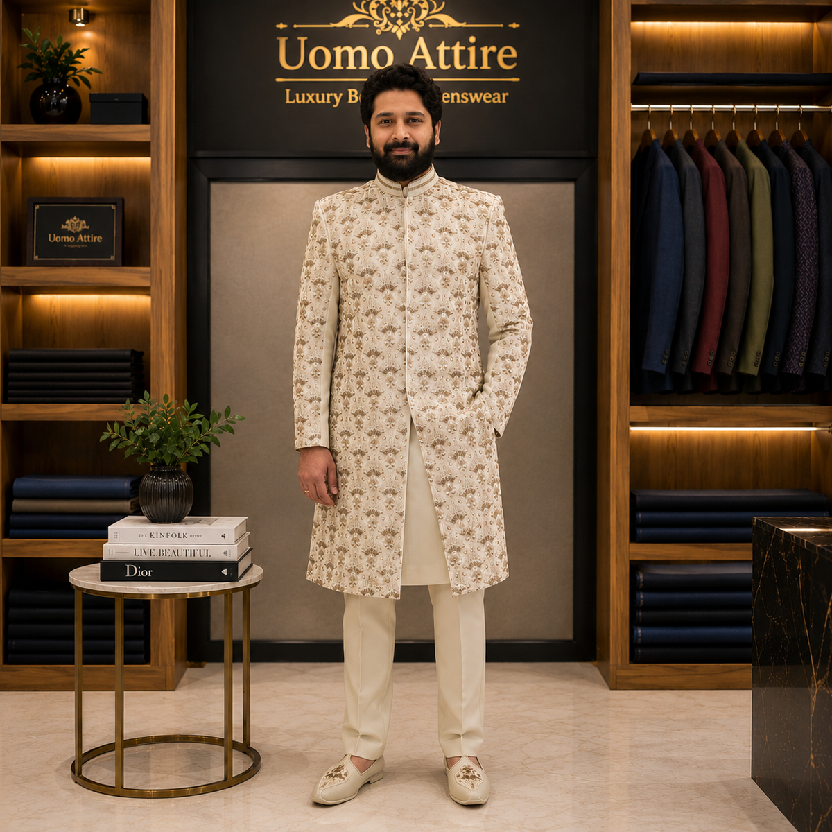 Men's Luxury Cream Embroidered Sherwani with Matching Kurta Pajama