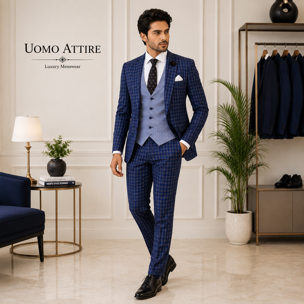 Contrast blue check three piece suit