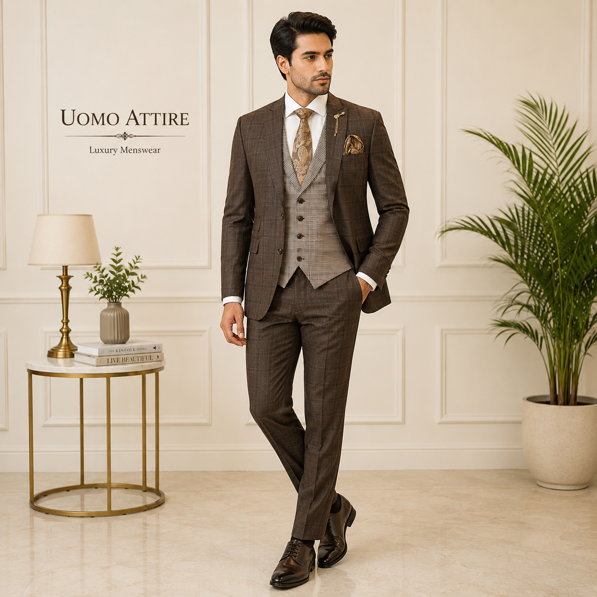 Custom-made check three piece suit