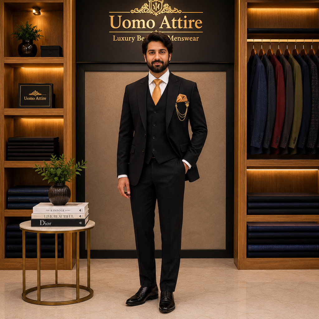 Custom-made black three piece suit