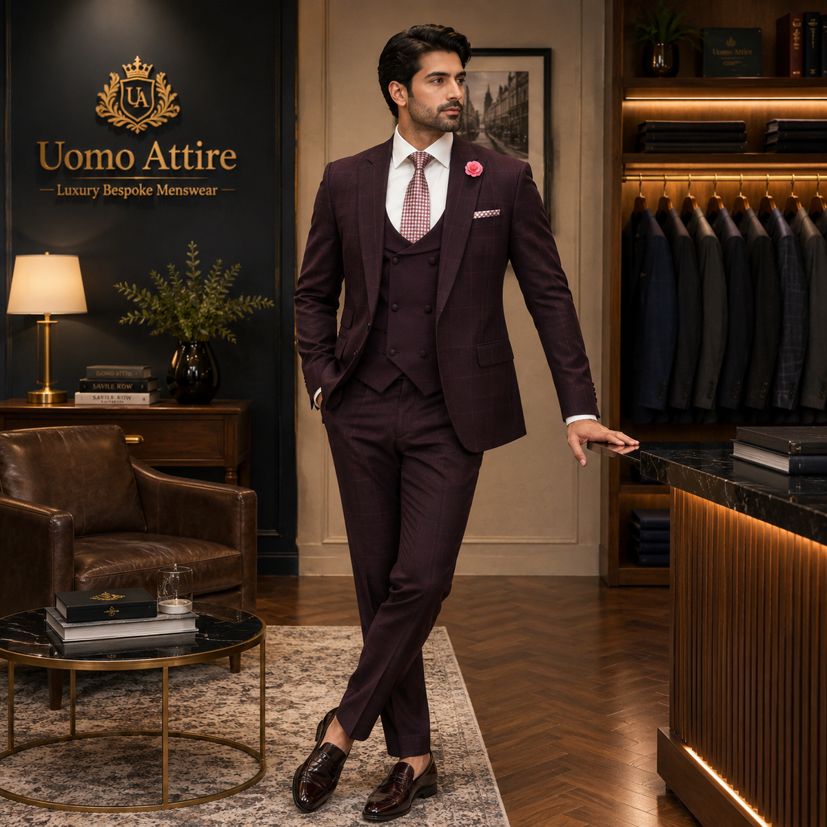 Windowpane Glen Check Burgundy Wedding Suits For Men
