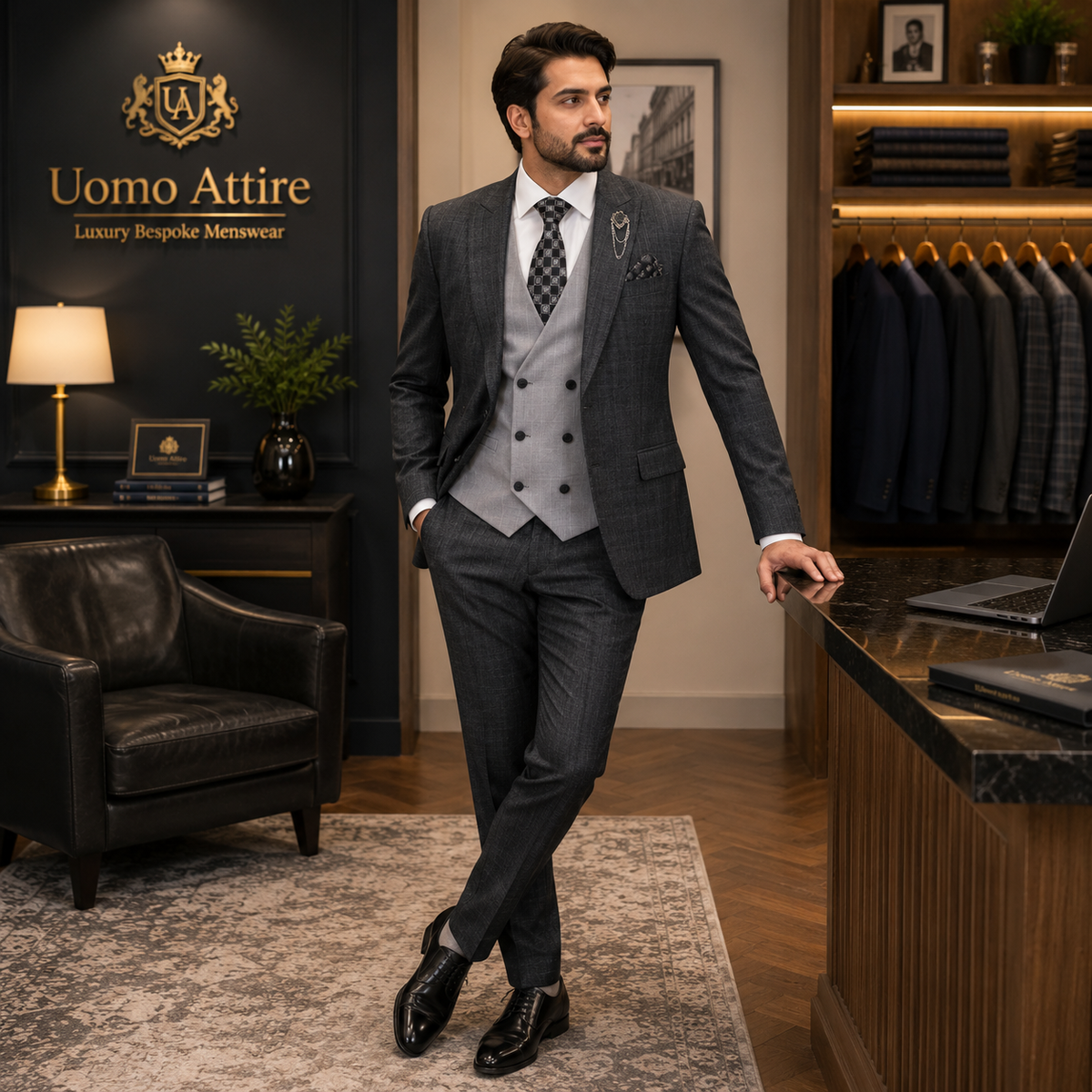 Charcoal grey glen check slim fit three piece suit