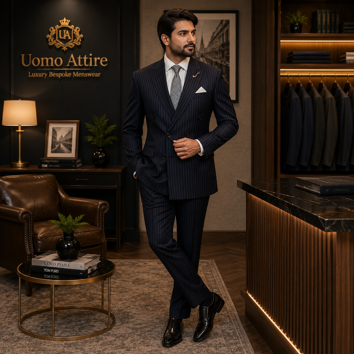Italian fabric navy blue stripped double breasted suit