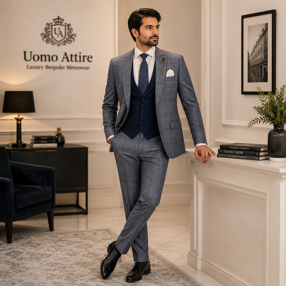 Slim fit windowpane three piece suit