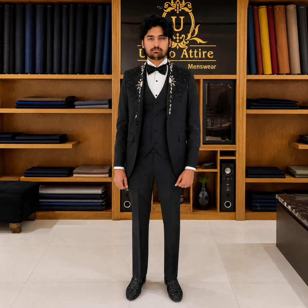 Men's Luxury Black Embroidered Tuxedo 3-Piece Suit with Matching Embroidered Shoes