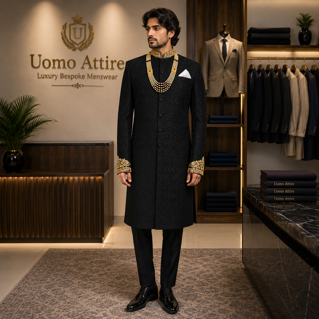 Men's Luxury Black Heavy Gold Embroidered Sherwani