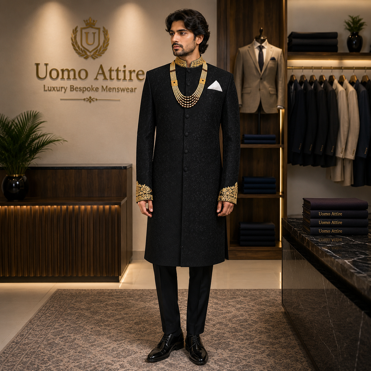 Men's Luxury Black Heavy Gold Embroidered Sherwani