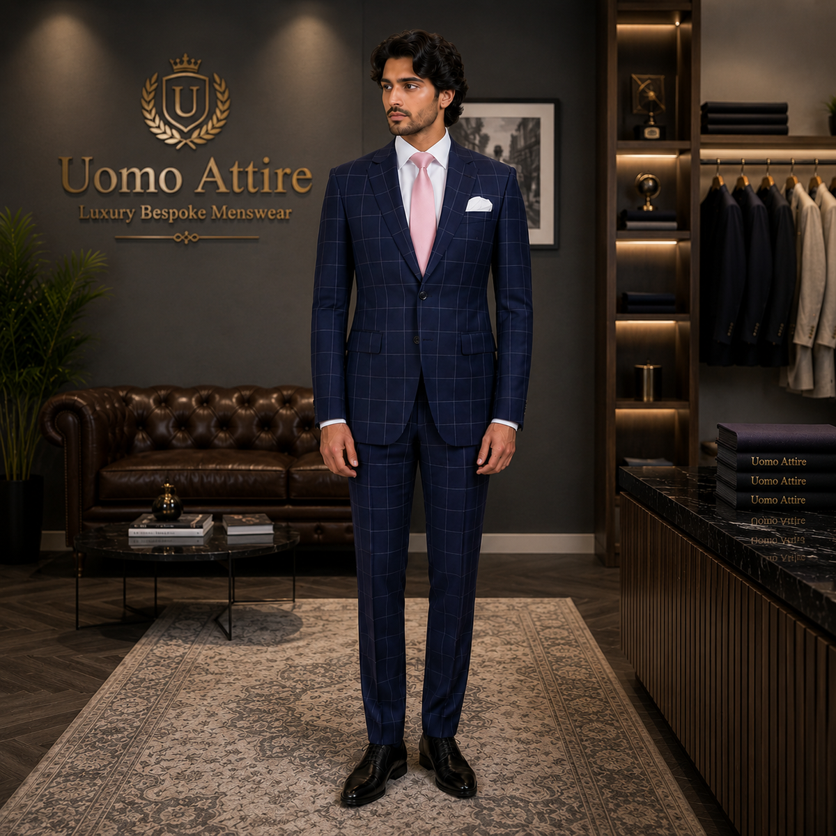 Men's Luxury Navy Blue Plaid 2-Piece Suit