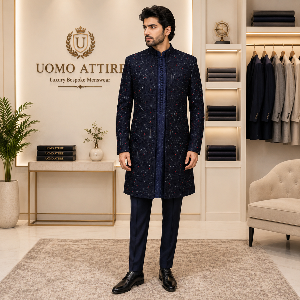 Men's Luxury Navy Blue Embellished Sherwani with Jewellery Work