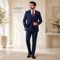 Blue three piece suit with red windowpane check