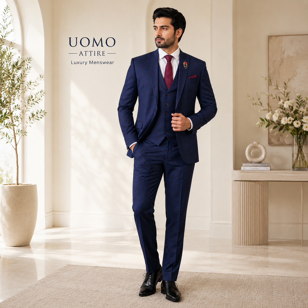 Blue three piece suit with red windowpane check