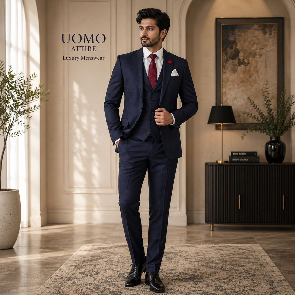 Men's Luxury Navy Blue Plaid 3-Piece Suit