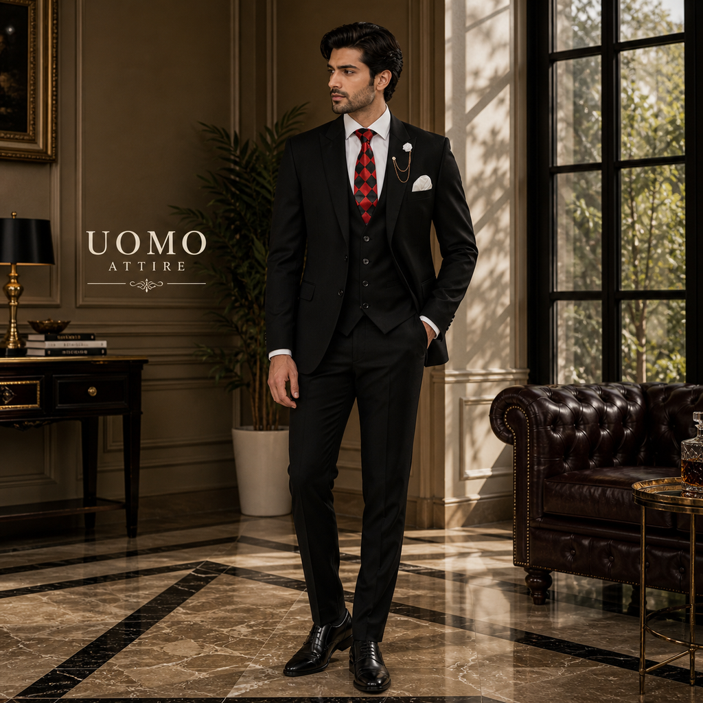 Jet Black Custom Made Italian Fabric 3 Piece Suit