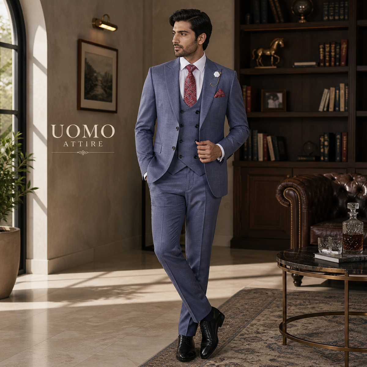 Classic Blue Slim Fit 3 Piece Suit for Men