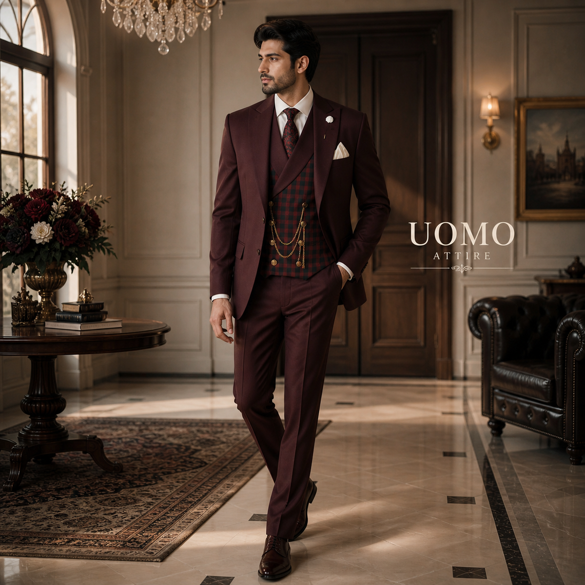 Burgundy Wedding Suit for Groom with Check Vest