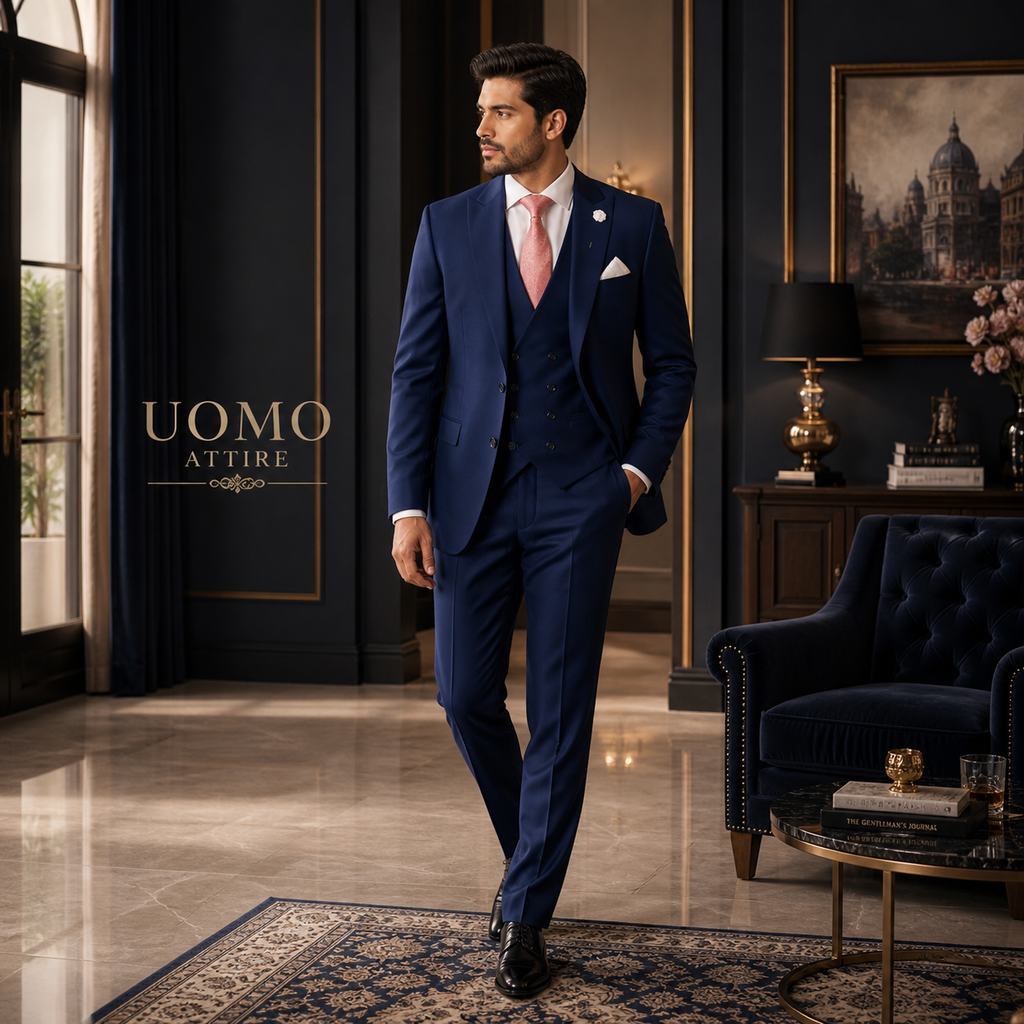 Bespoke Tailored Navy Blue 3 Piece Suit for Men