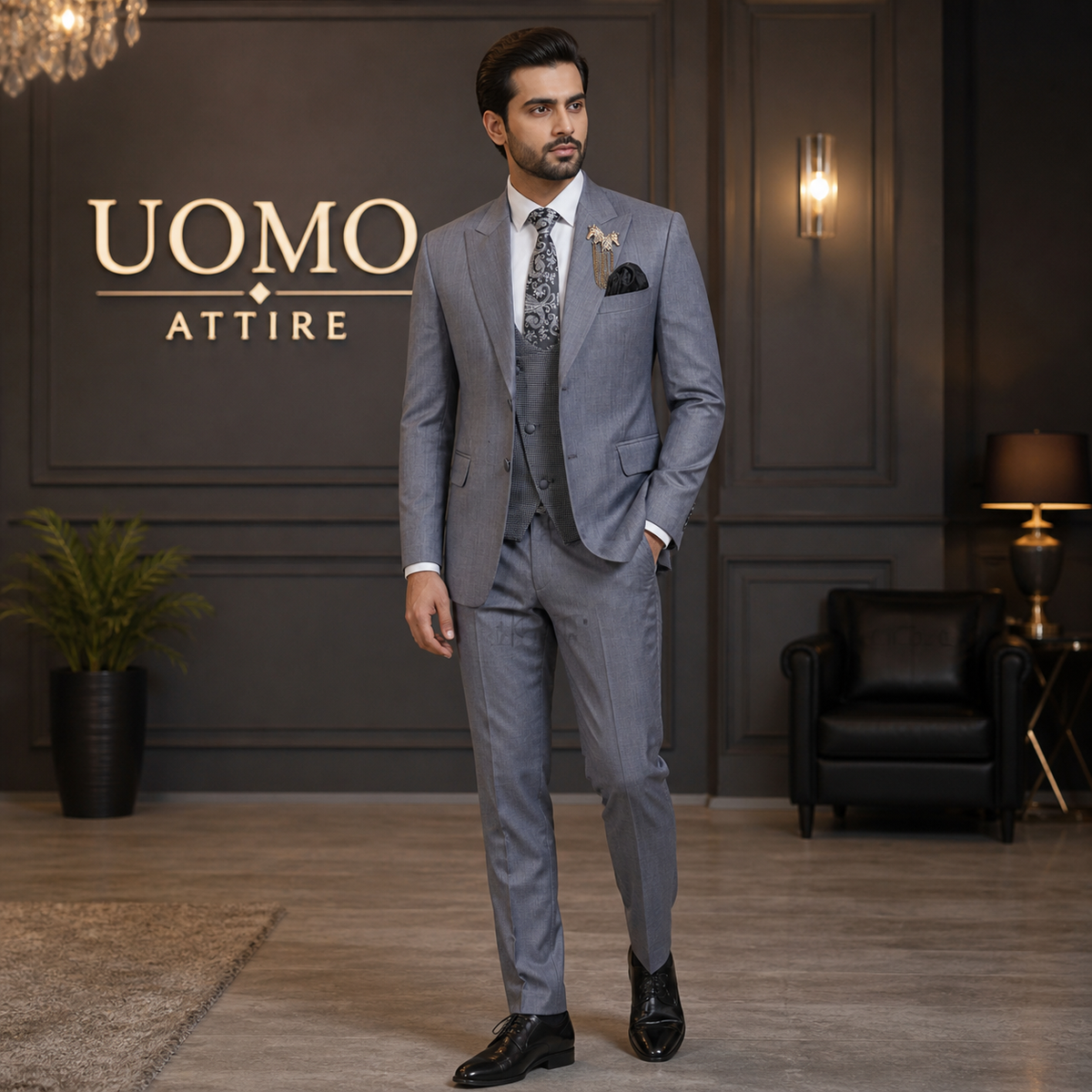 Italian Cut Light Grey 3 Piece Suit with Mini Check Vest