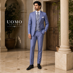 Elegant Light Blue Woolen 3-Piece Suit For Men