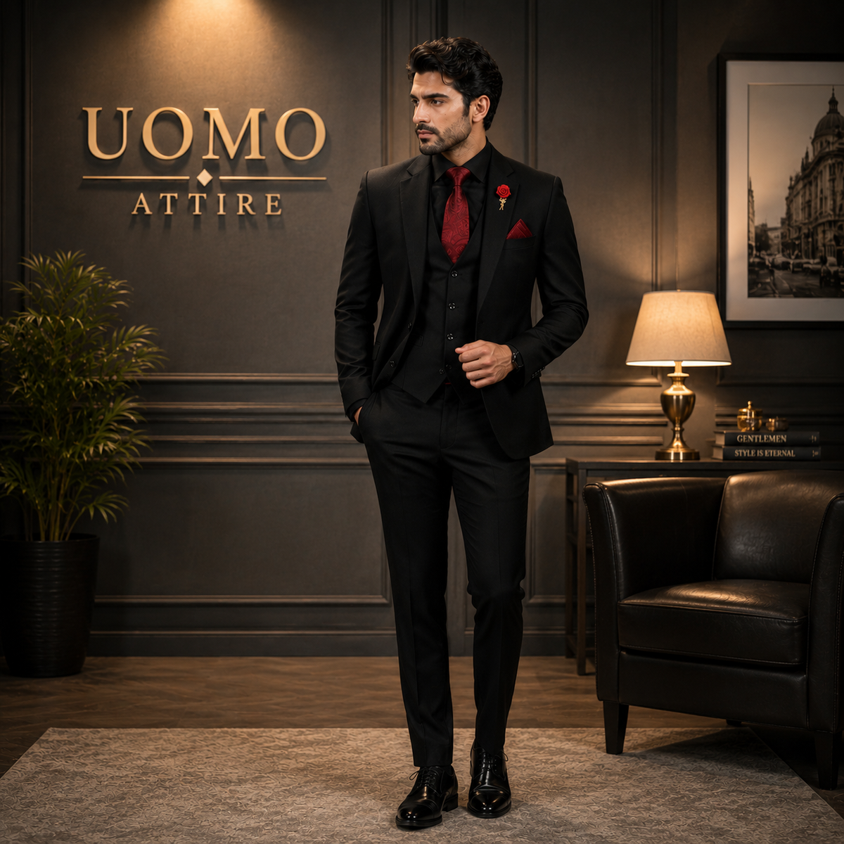 Black on Black Wedding Suit for Men with Maroon Accessories