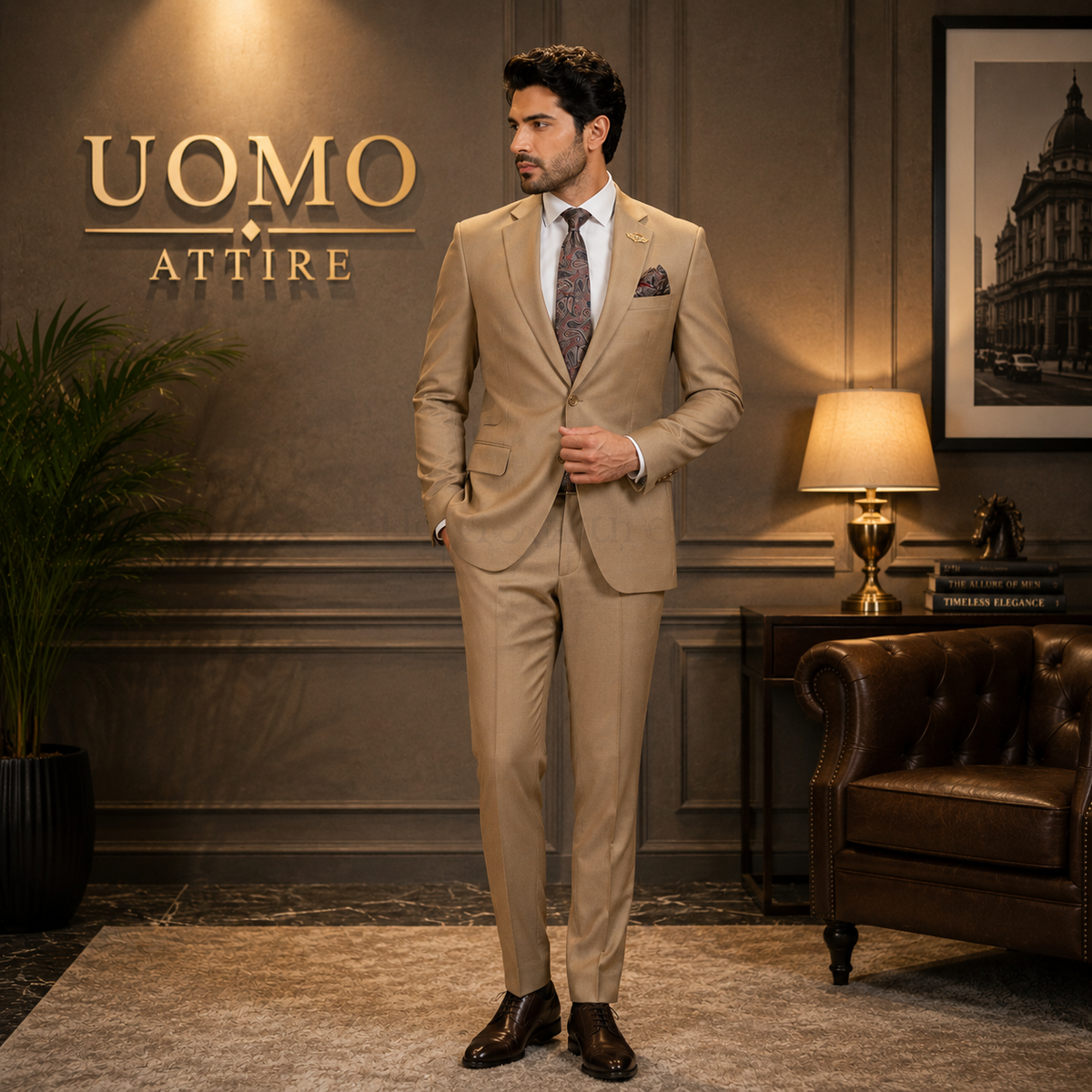 Custom Made Beige Color Slim Fit Men's Suit