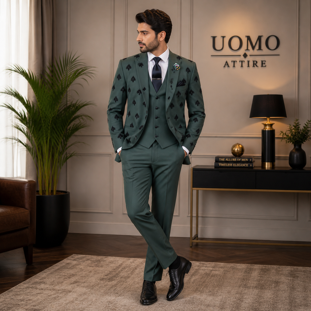 Black Embellished Green Wedding 3 Piece Suit For Men