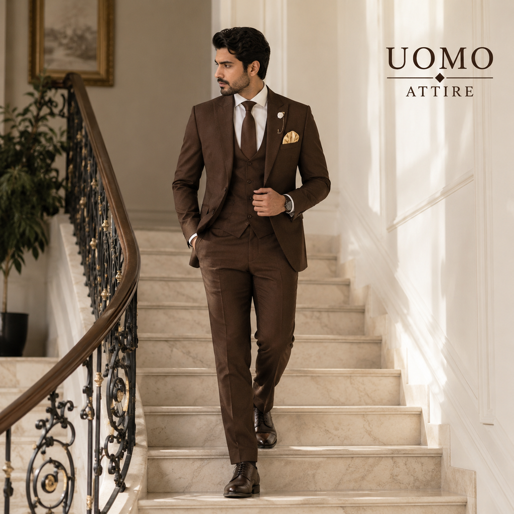 Bespoke Mens Brown Luxury 3 Piece Suit for Men