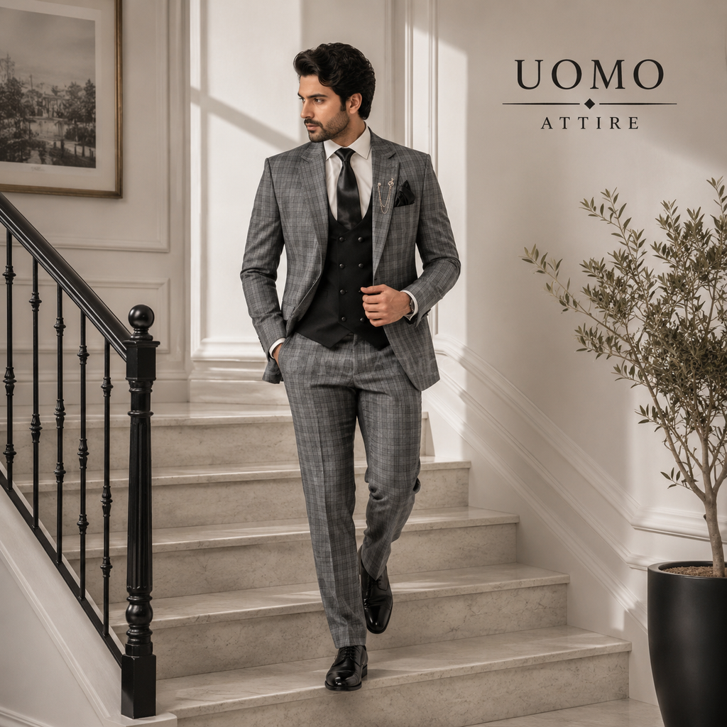 180s Wool Mini Checkered Notch Lapel 3 Piece Suit