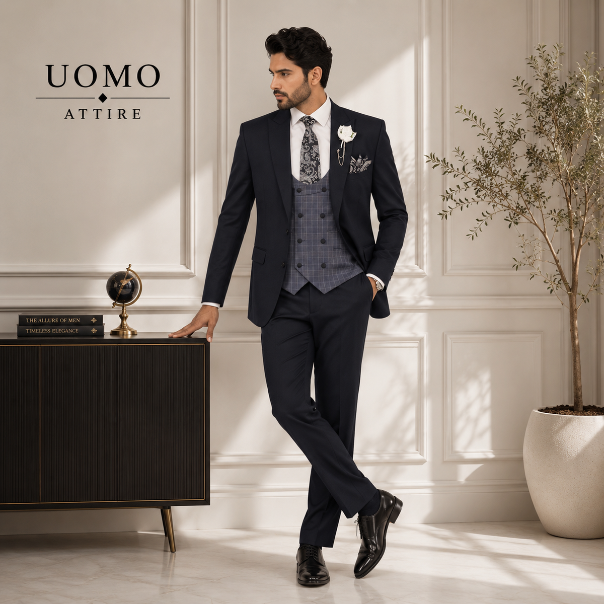 Jet Black Pure Italian Wool Men's 3 Piece Suit