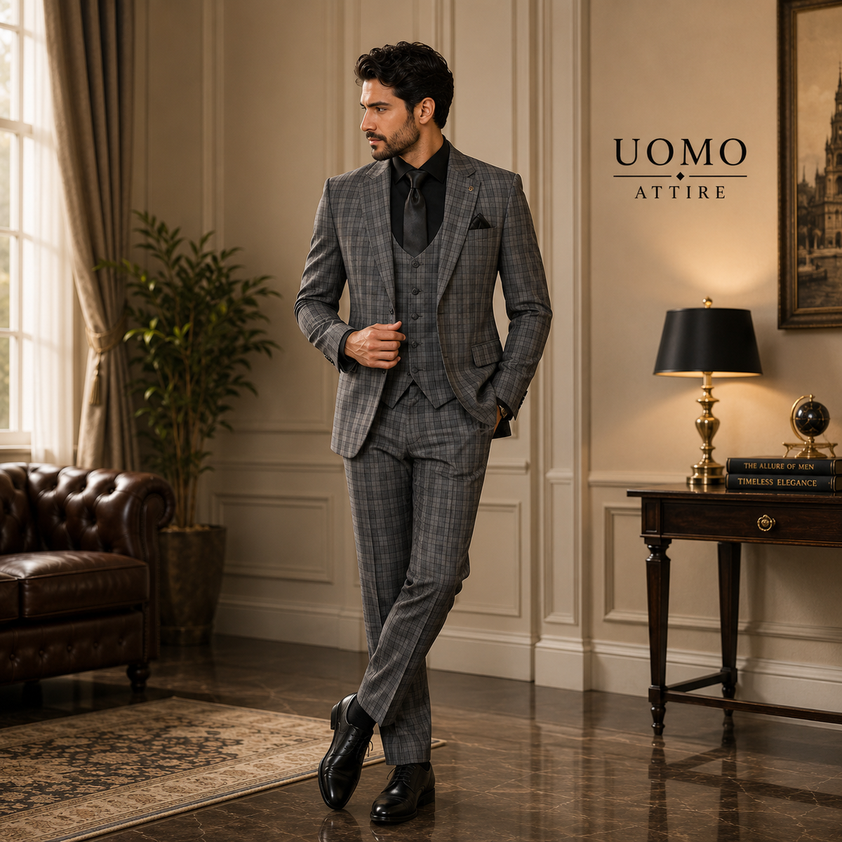 Gray mini check 3 piece suit with matching fabric vest