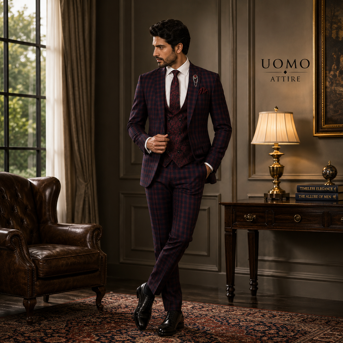 Check 3 piece suit with double breasted jamawar vest