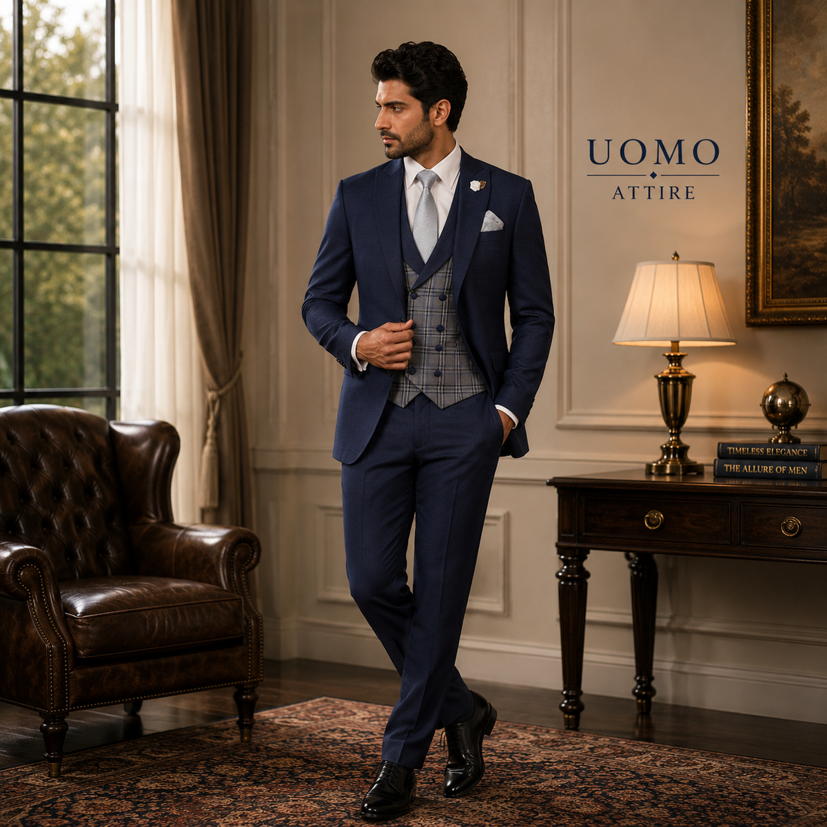 Light blue 3 piece suit with contrast vest