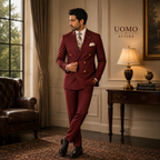 Maroon double breasted suit with golden buttons