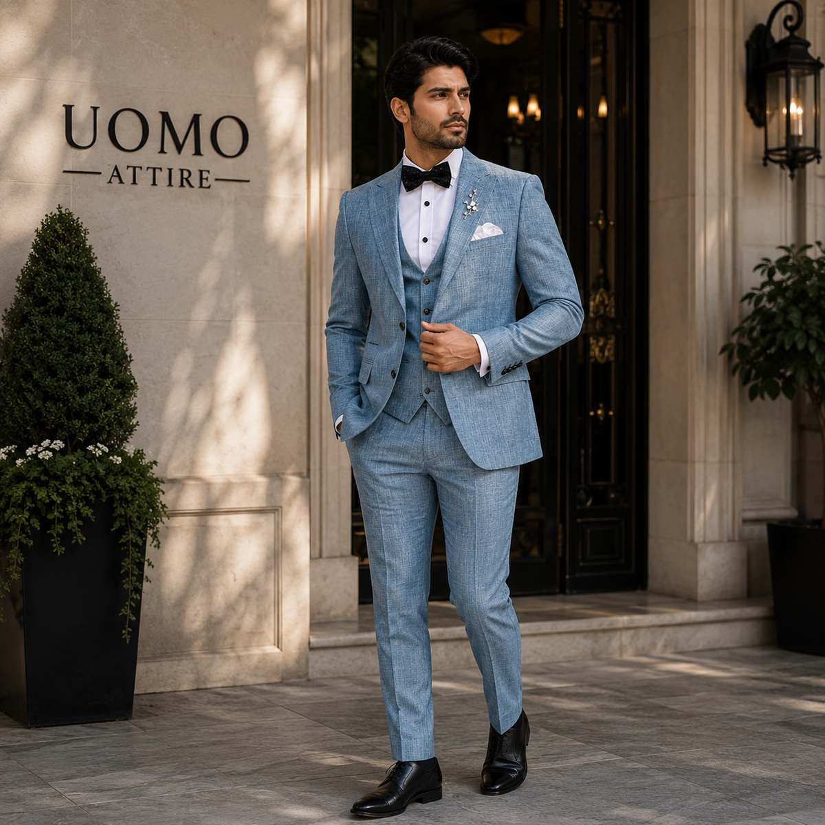 Light blue tuxedo linen 3 piece suit for wedding