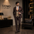Burgundy 3 Piece Suit for Men with Tan Vest and Orange Tie