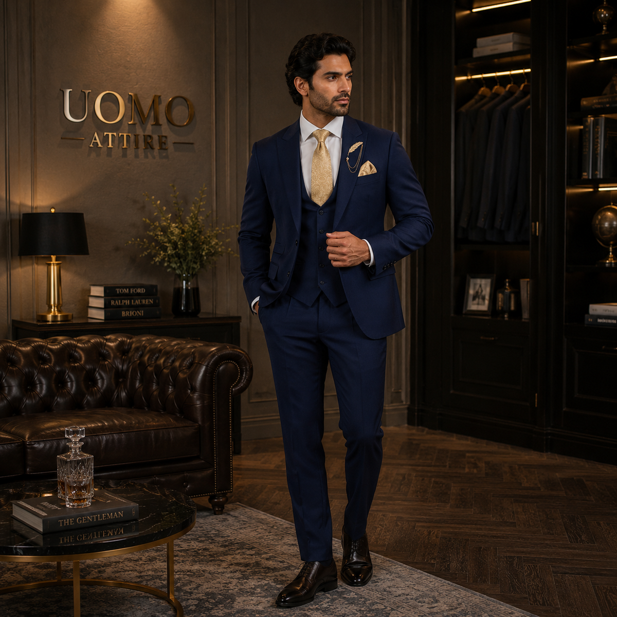 Custom-tailored navy blue three piece suit with single breasted vest