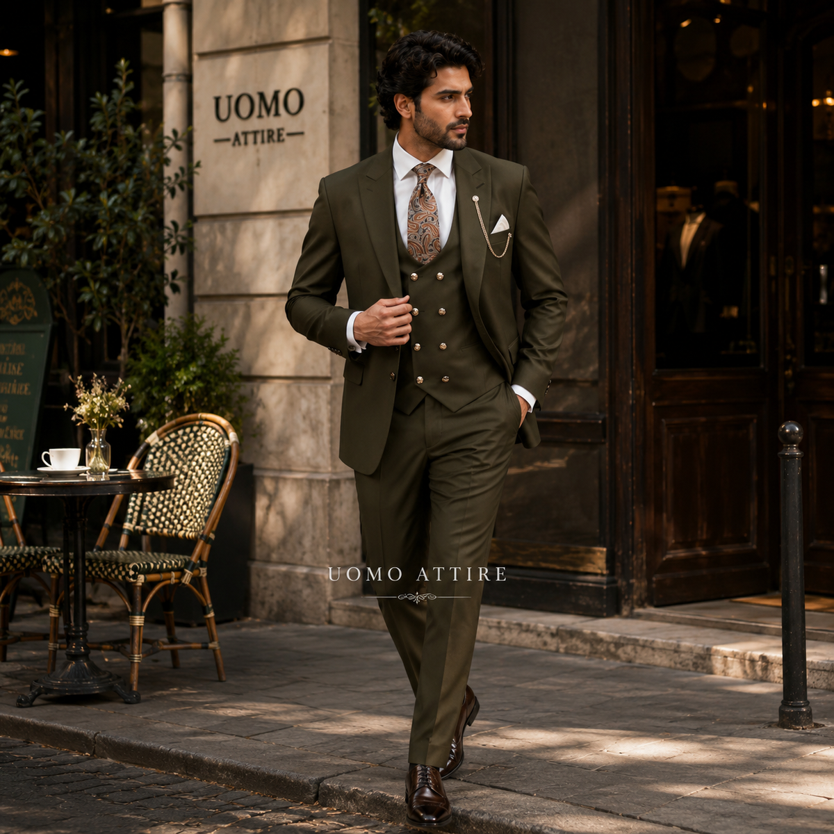 Olive green slim fit customized 3 piece suit