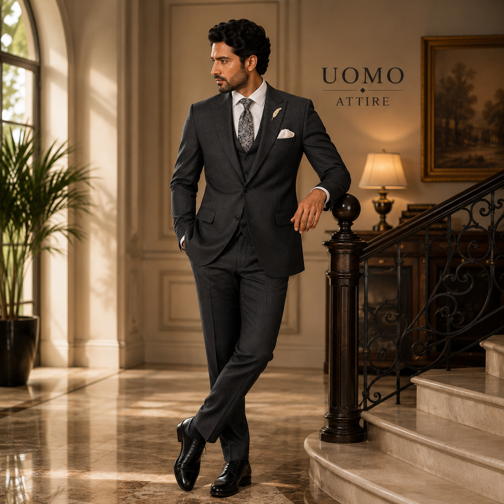 Black three-piece suit for men with Italian cut vest
