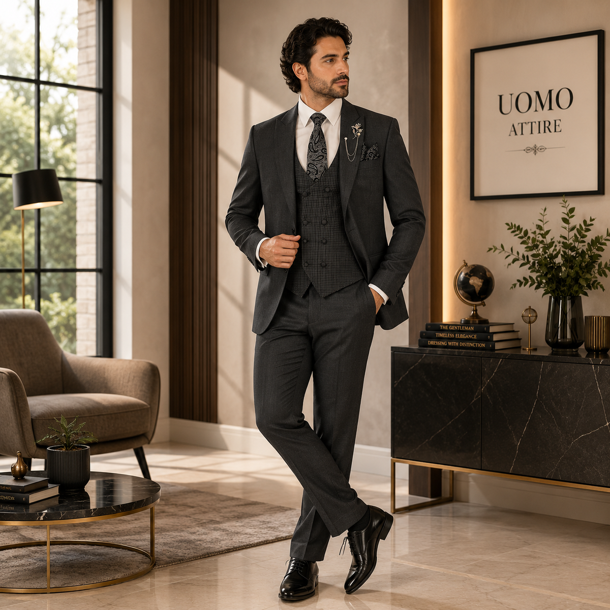 Self textured charcoal grey slim fit three piece Suit