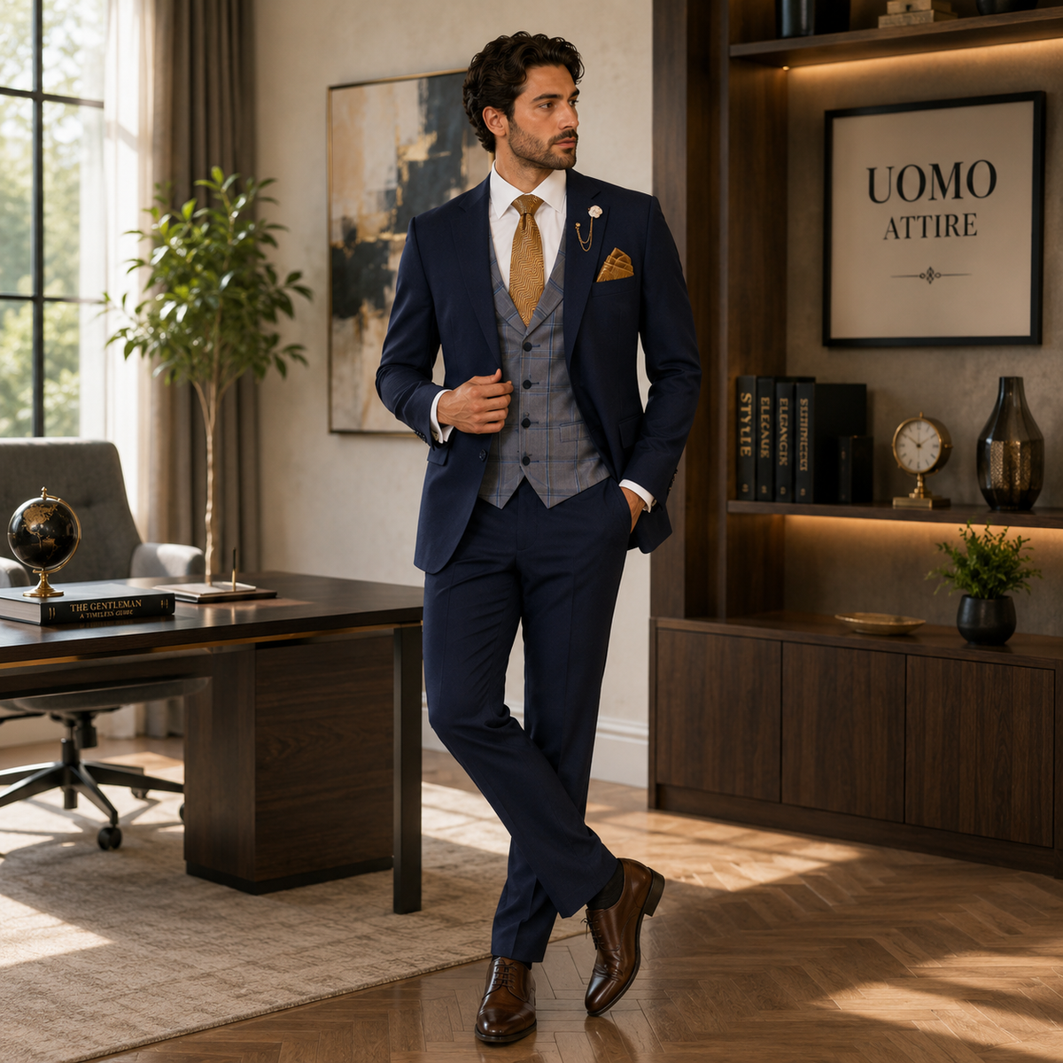 Navy blue customized three piece suit with checkered blue waistcoat