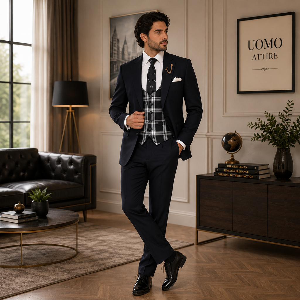 Abito tre pezzi slim fit nero su misura con gilet check