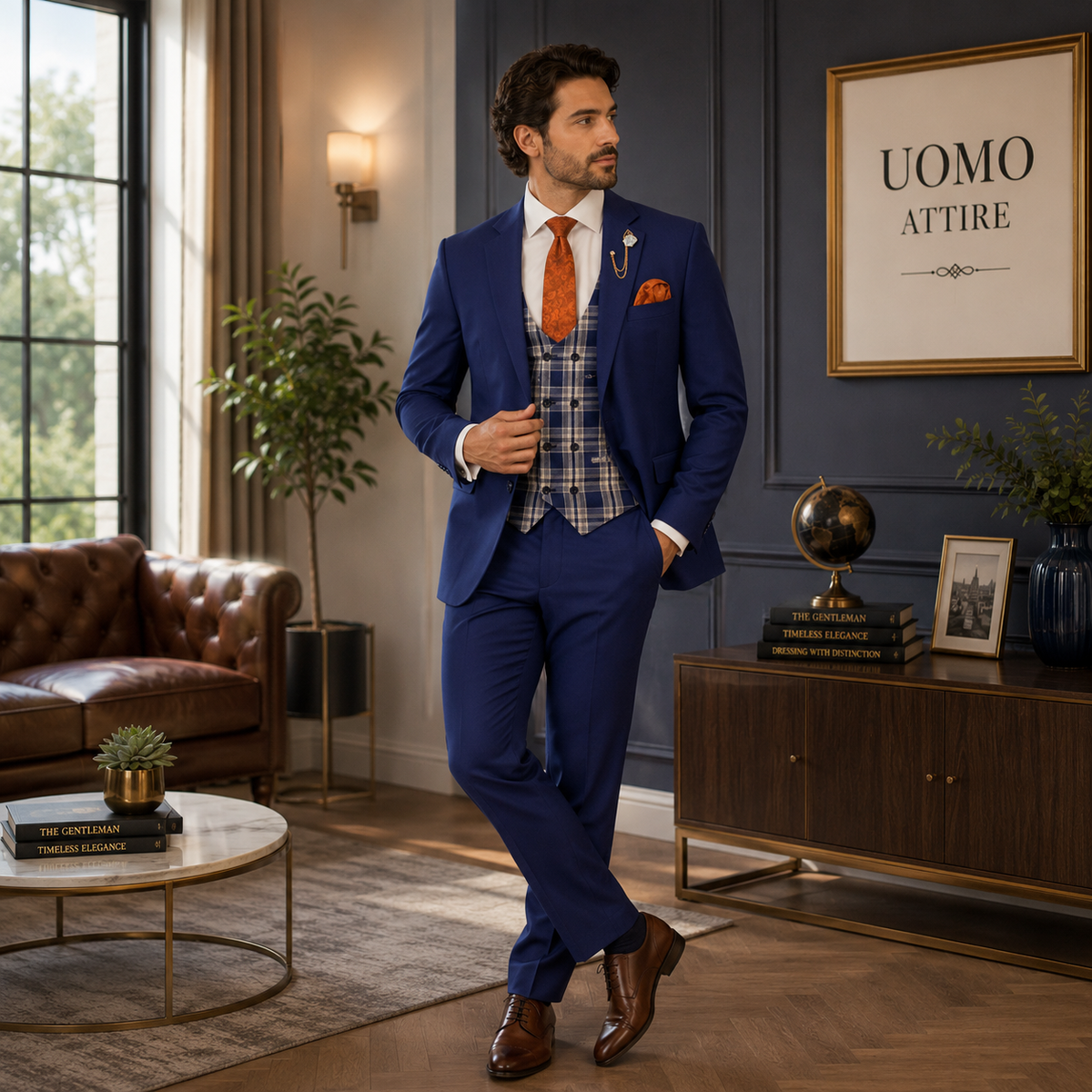 Blue customized three piece suit in our premium collection