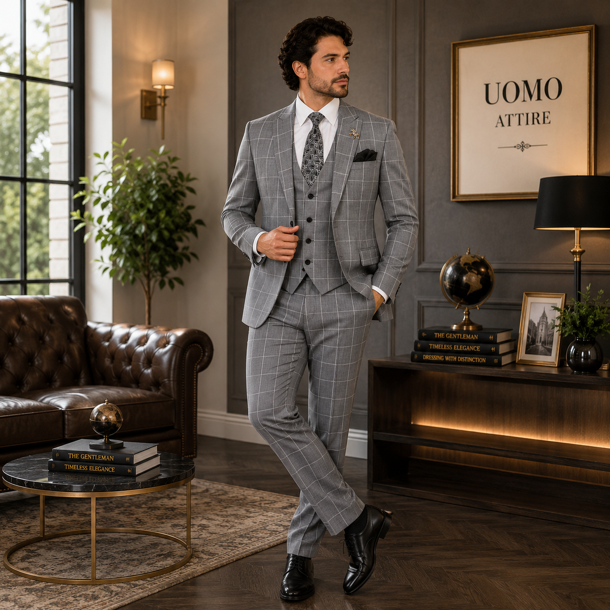 Abito tre pezzi personalizzato grigio acciaio finestrato check