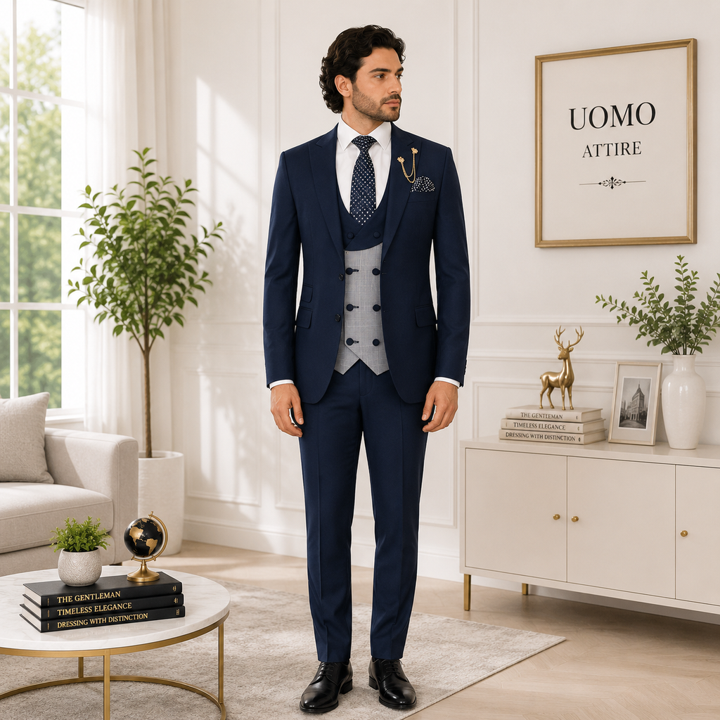 Tailor-made tapered fit zink blue three piece suit