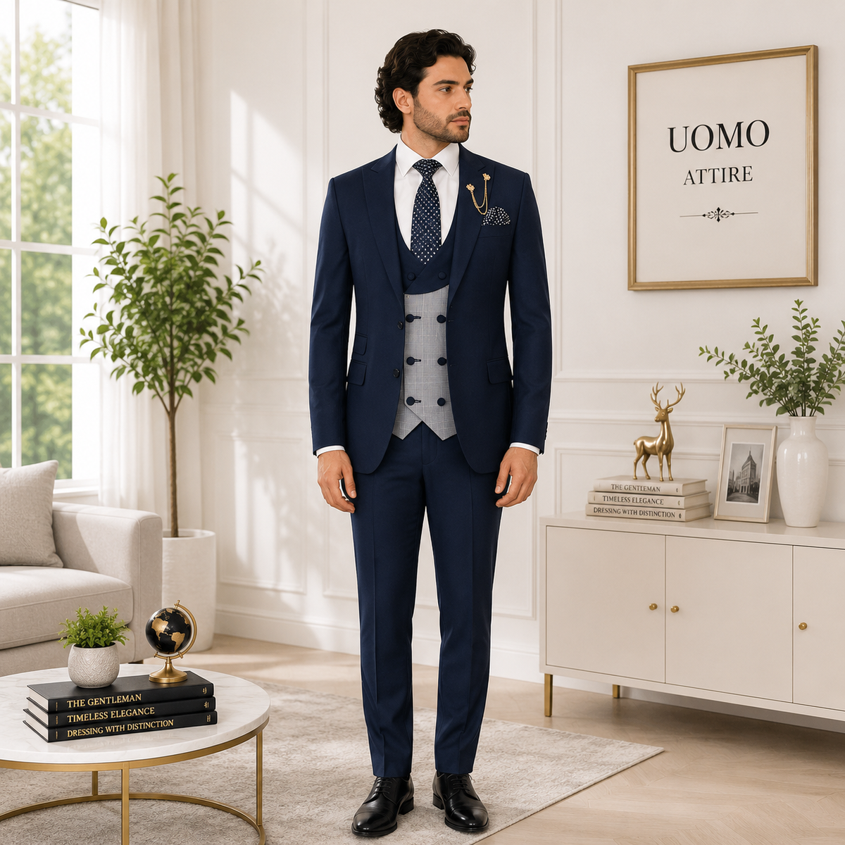 Tailor-made tapered fit zink blue three piece suit