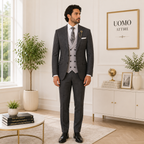 Bespoke self textured grey customized three piece suit