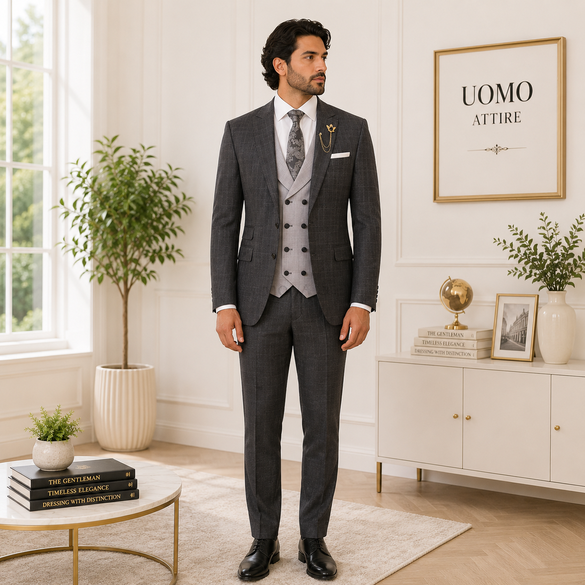 Bespoke self textured grey customized three piece suit