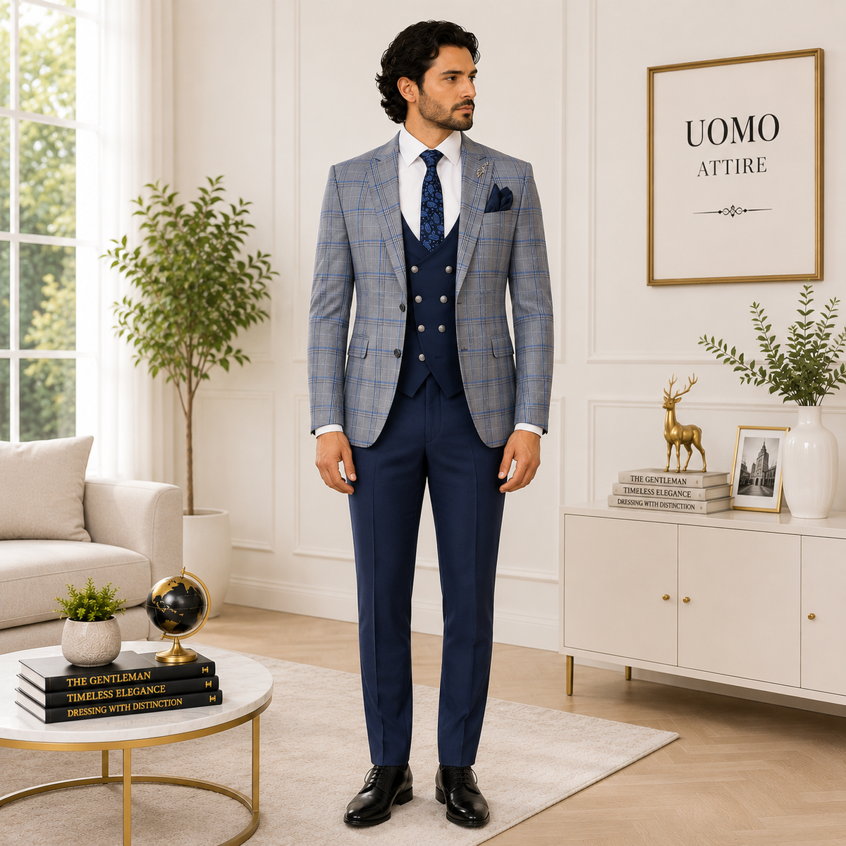 Abito tre pezzi a quadri blu tagliente su misura
